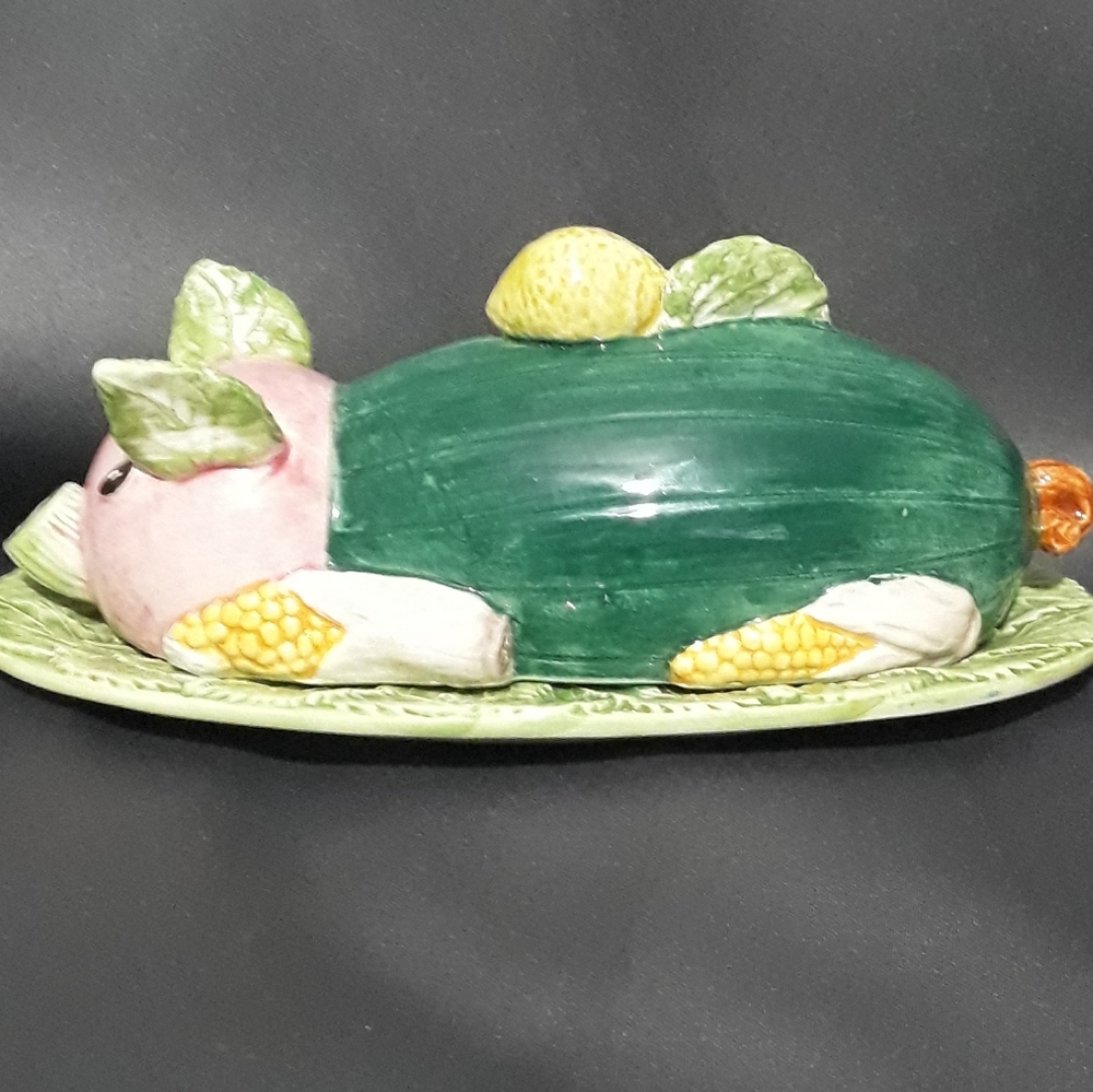 Vintage TG Majolica Pottery Pig Butter Dish Hand Painted.  Made in Italy  8 1/2"